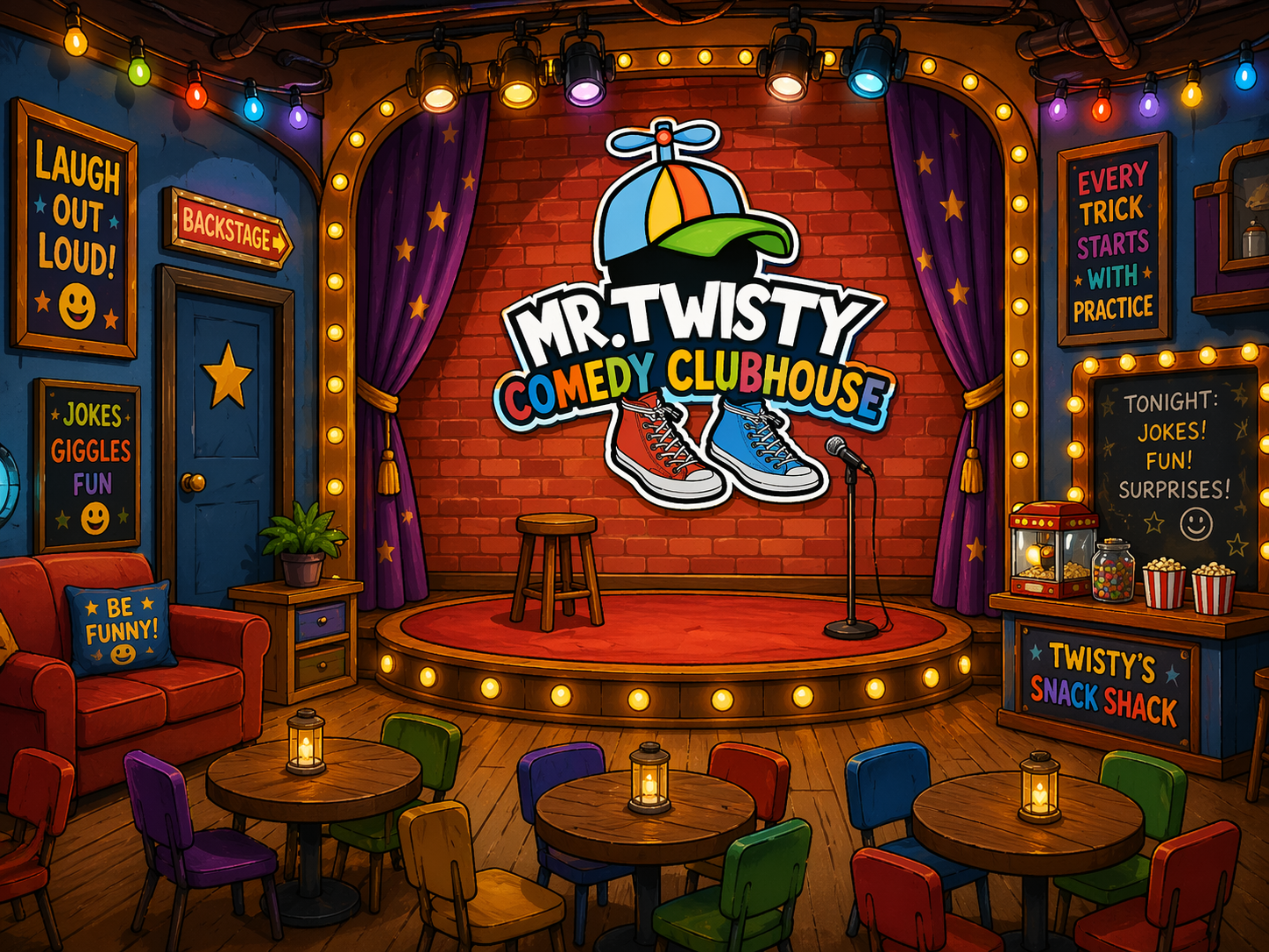 Mr. Twisty's Comedy Clubhouse — a cozy stage with red curtains, a microphone, audience tables, a snack shack, and a glowing marquee around the Mr. Twisty Comedy Clubhouse logo on the back brick wall