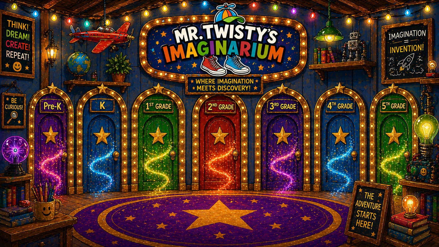 Mr. Twisty's Imaginarium with seven glowing grade-level doors from Pre-K through 5th Grade