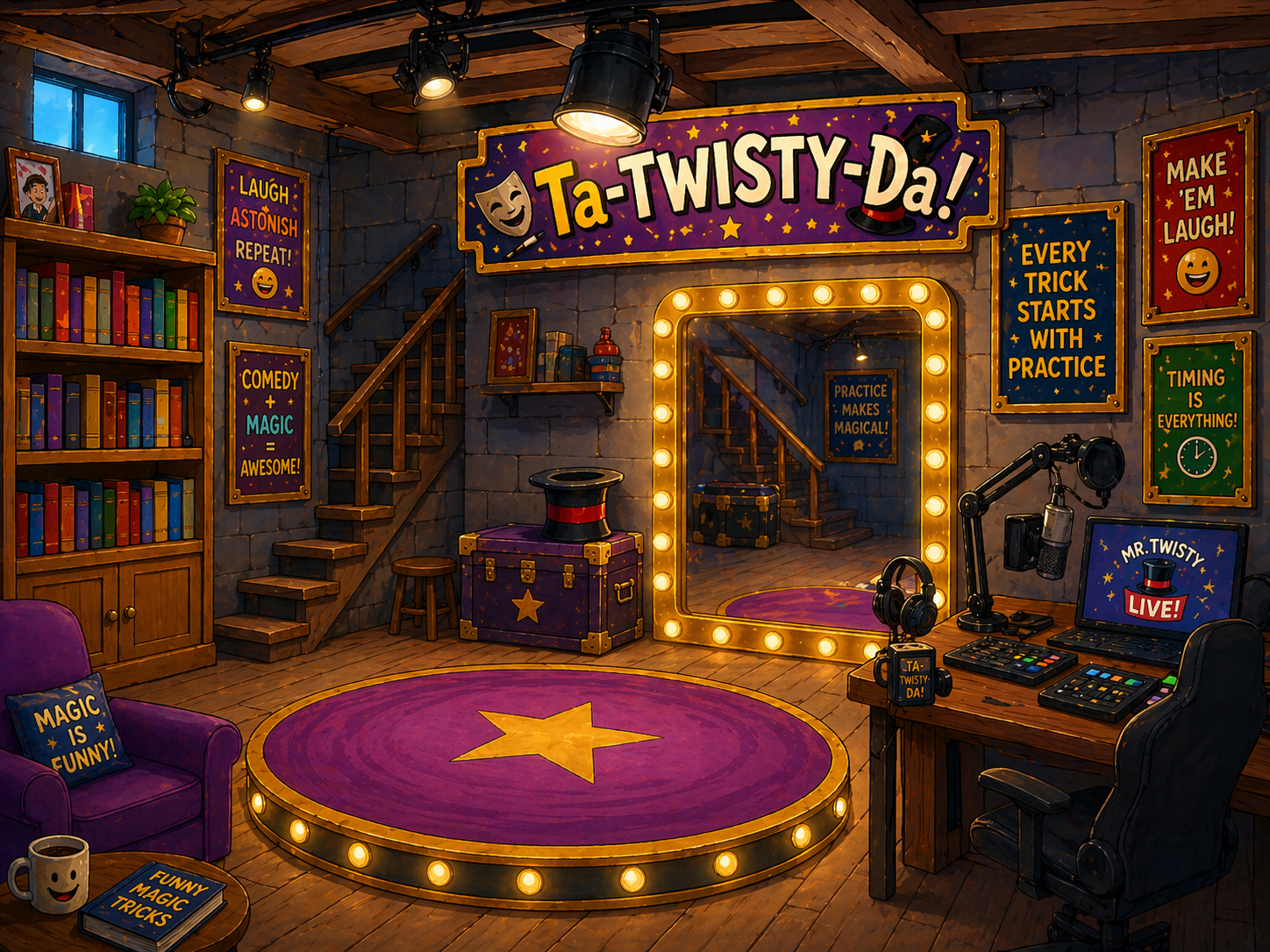 Mr. Twisty's cozy magic studio — stage, practice mirror, bookshelf of trick books, recording desk, and the Ta-TWISTY-Da banner above